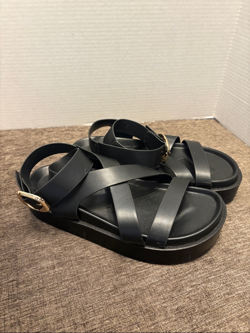 Black Strappy Platform Sandals with Gold Buckles